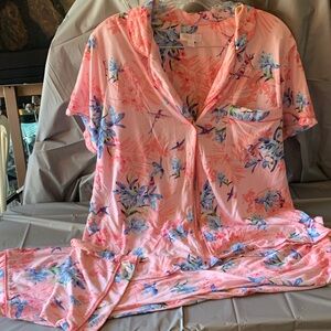 Secret Treasures Coral Pink Floral Short-Sleeve Pajama Set with Hood